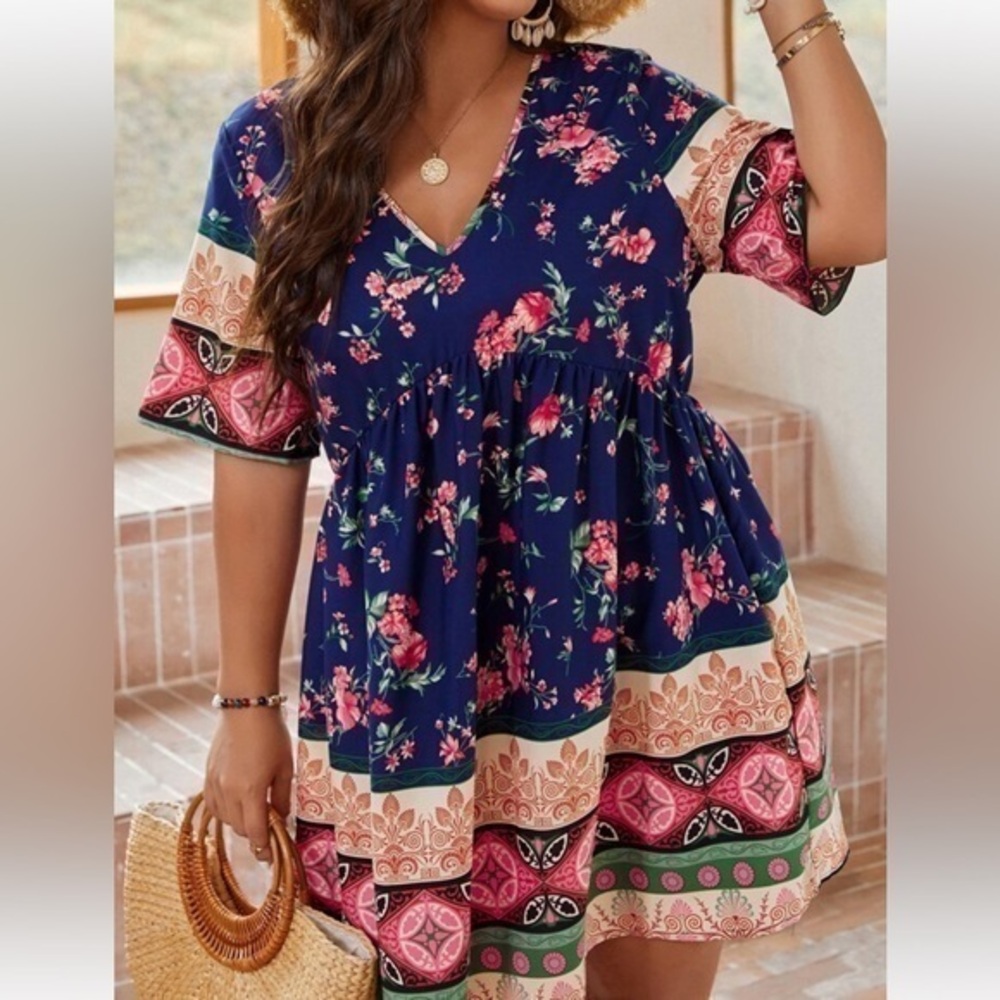 SHEIN Curve Floral Boho Babydoll Dress 1X Navy Pink